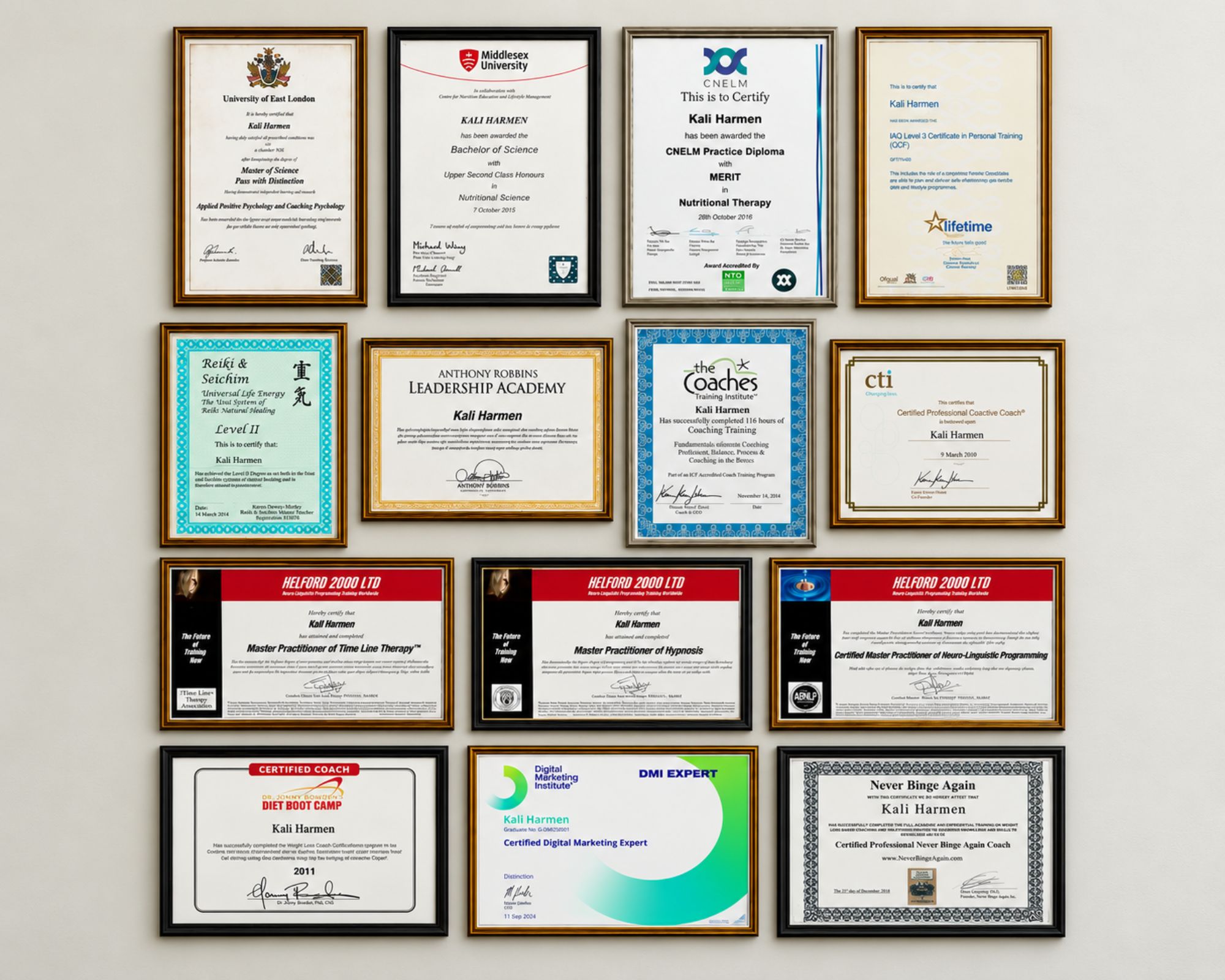 Kali’s certificates and qualifications displayed together on a wall